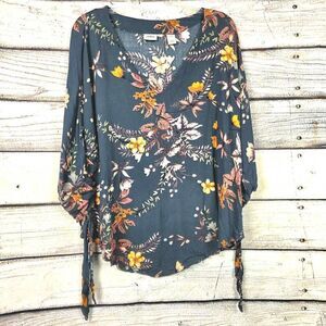 Daytrip Womens Floral Tie Sleeve Blouse Blue Large